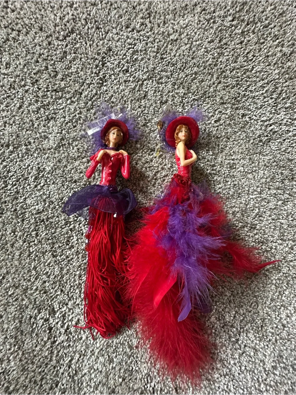 Red Hat Society Ornaments Red and Purple Feathered Doll Pair